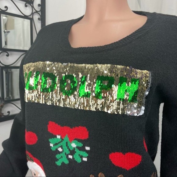 Merry&Bright Sequined Swipe Right Signed Christmas Sweater SZ M Rudolph - Santa - Picture 9 of 12